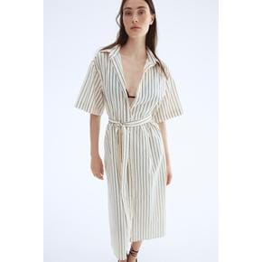 리넨 블렌드 셔츠 드레스 크림/스트라이프 1278042004