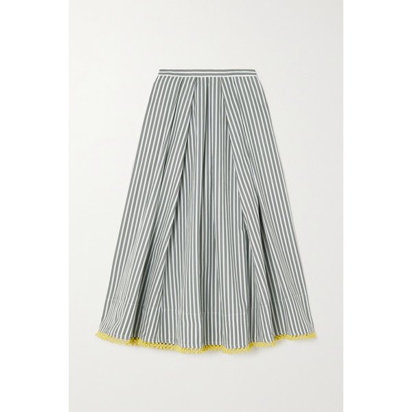 로지 애슐린 플리츠 레이스 트리밍 스트라이프 코튼 포플린 미디 스커트 그린 1647597302680453