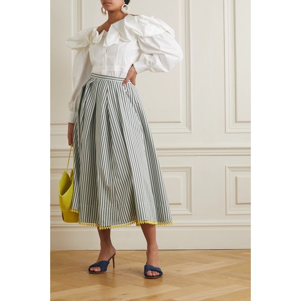 로지 애슐린 플리츠 레이스 트리밍 스트라이프 코튼 포플린 미디 스커트 그린 1647597302680453