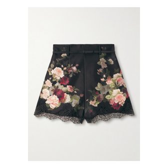 짐머만 벨트 레이스 트리밍 플로럴 프린트 실크 코튼 혼방 트윌 쇼츠 블랙 46376663162947262