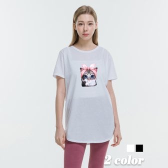 진마니아 리본 고양이 박시 롱 반팔티 빅사이즈 루즈핏 면티 레이어드 티셔츠