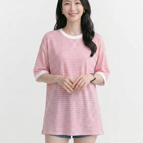NT3377 여성 캐주얼 루즈핏 얇은 단가라 라운드넥 반팔 티셔츠