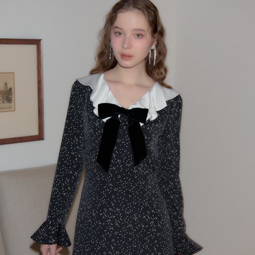 [살롱드욘] Ruffle Collar Ribbon Mini Dress Black