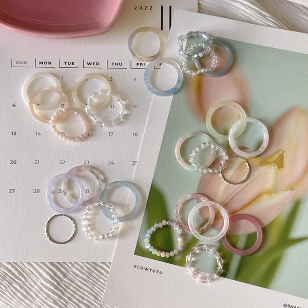 [옷자락] 여자 호마이카 마블링 아크릴 비즈반지 세트