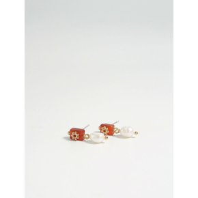 스퀘어 커넬리언 원석 진주드롭 이어링 Square carnelian gemstone pearldrop earrings