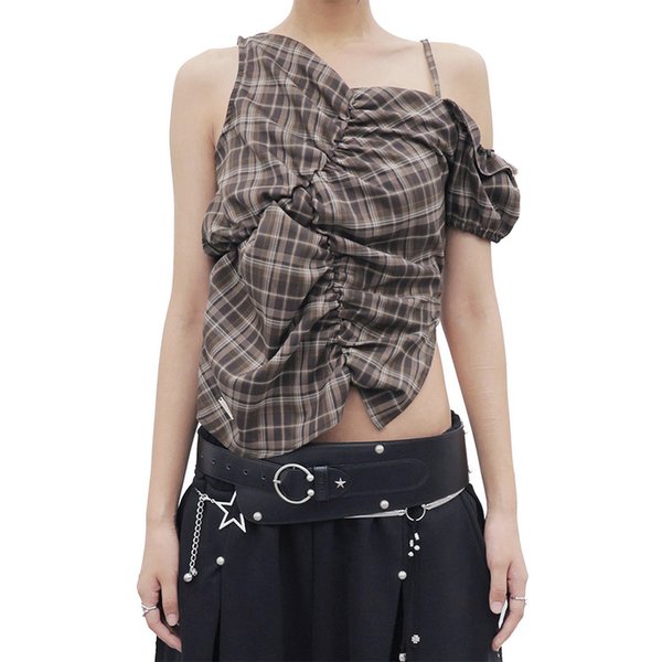 ONE-SHOULDER SHIRRING BLOUSE_CHECK BROWN