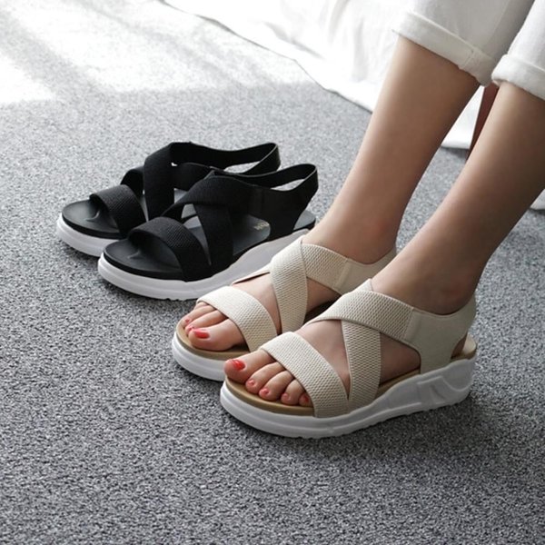 [옷자락] 여자 무지컬러 니트 크로스 스트랩 밴딩 샌들