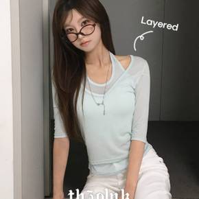 / 쥬왓 슬림핏 시스루 홀터넥 레이어드 7부 반팔티