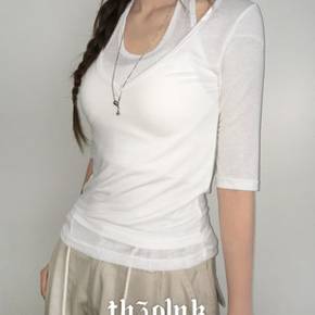 / 쥬왓 슬림핏 시스루 홀터넥 레이어드 7부 반팔티