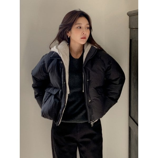 Knit Hooded Crop Down Padding Black AT5JUF055BK