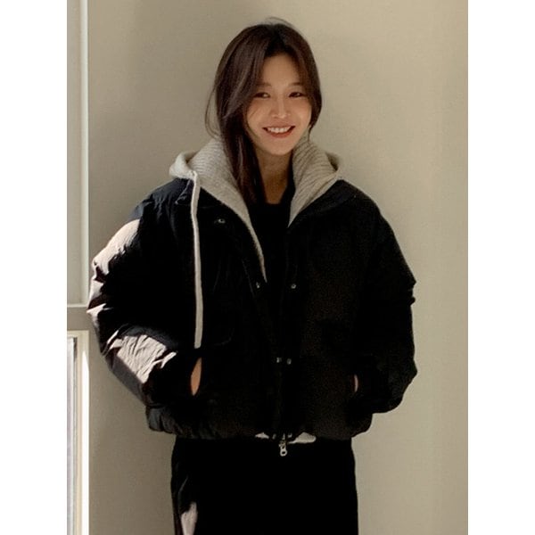 Knit Hooded Crop Down Padding Black AT5JUF055BK