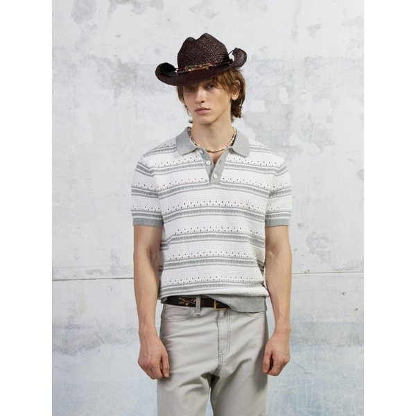 Men Striped Crochet Polo Knit Top, Gray