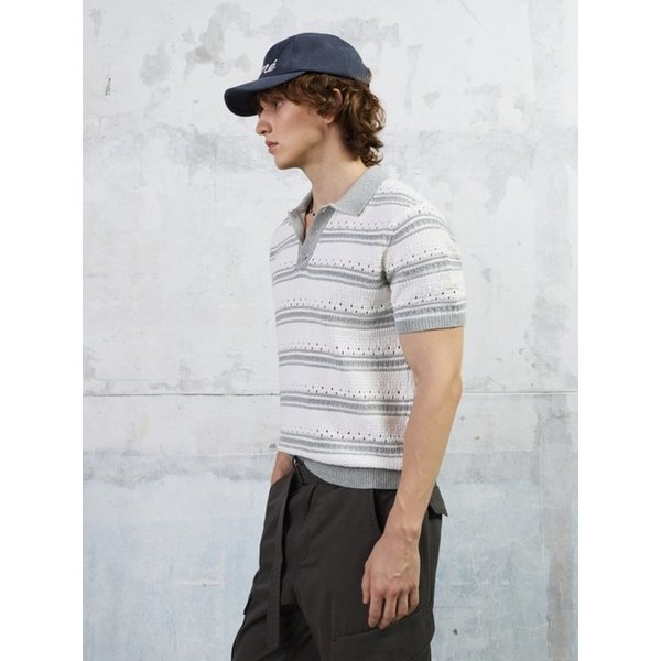 Men Striped Crochet Polo Knit Top, Gray