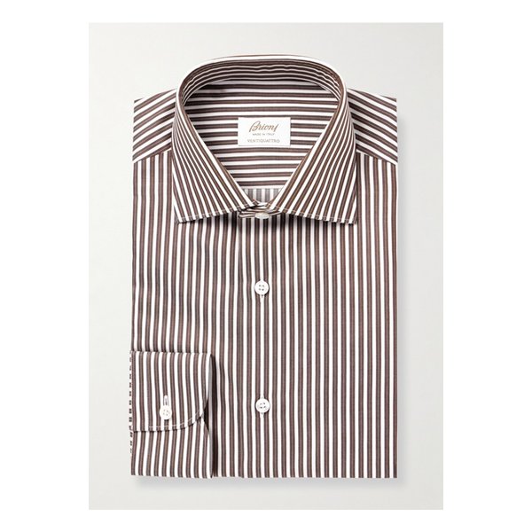 브리오니 윌리엄 커터웨이 칼라 스트라이프 코튼 포플린 셔츠 브라운 46376663163004389