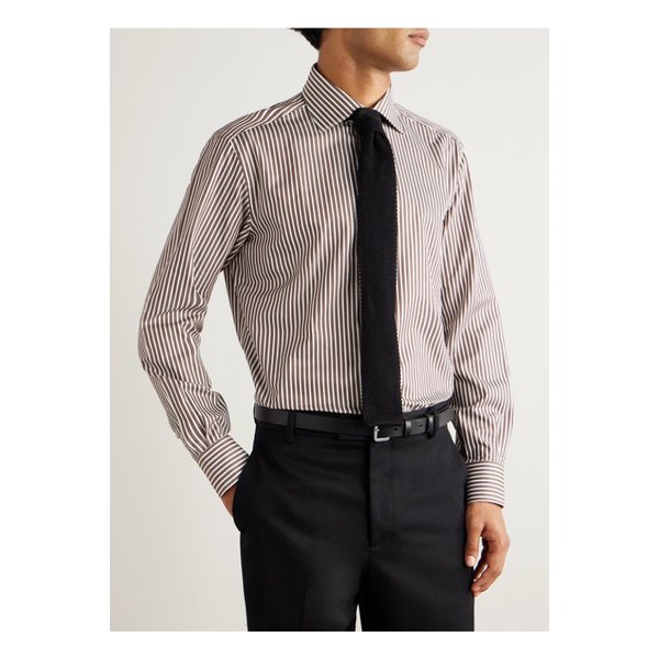 브리오니 윌리엄 커터웨이 칼라 스트라이프 코튼 포플린 셔츠 브라운 46376663163004389