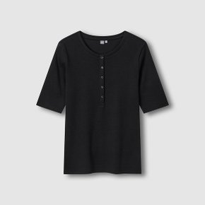 여 코튼 립 헨리넥 5부 티셔츠 J116201097099