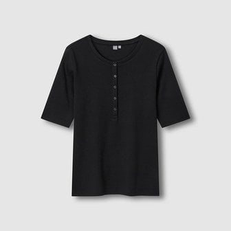 JAJU 여 코튼 립 헨리넥 5부 티셔츠 J116201097099