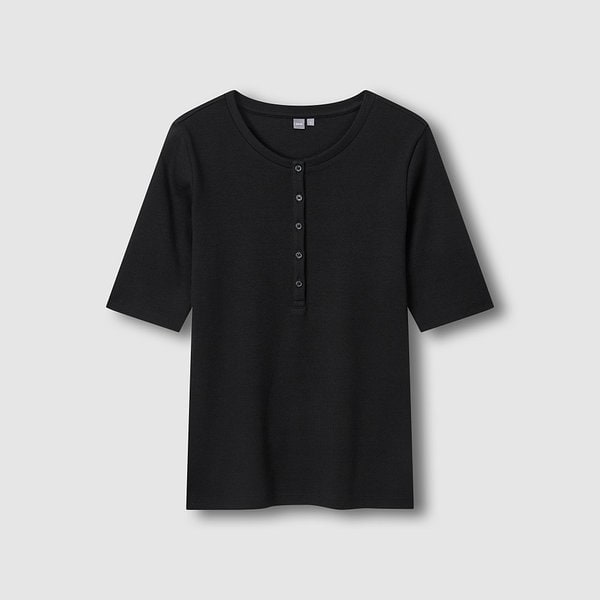 여 코튼 립 헨리넥 5부 티셔츠 J116201097099