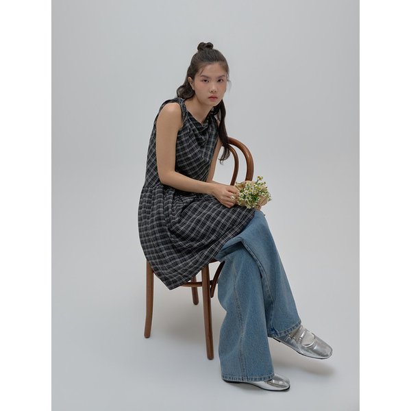 Twisted Shoulder Check Cotton Layered Dress_black