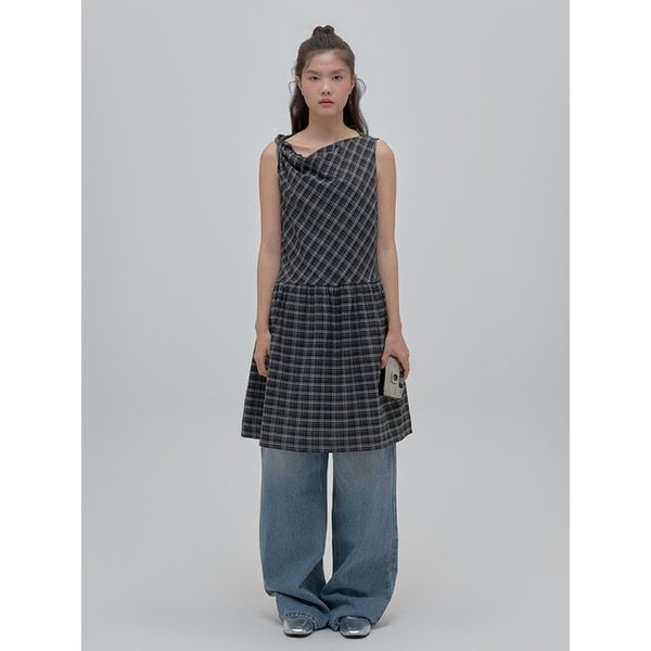 Twisted Shoulder Check Cotton Layered Dress_black