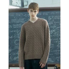 Cable V-neck Wool Sweater_Light Brown