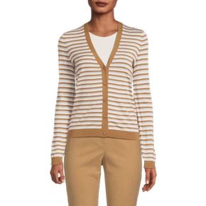 4355093 Theory V Neck Stripe Wool Cardigan - BEIGE MULTI 72870299