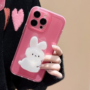 유니커블 아이폰 14 13 12 11 pro max 반 투명 핑크 젤리 귀여운 토끼 그립 손잡이 그립 실리콘 케이스