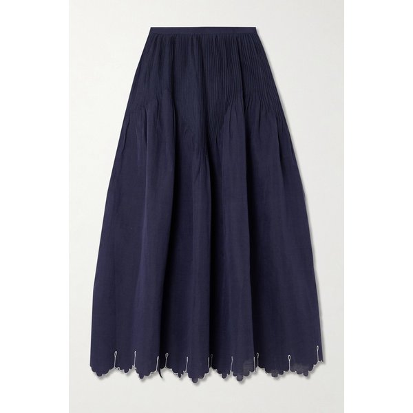 티에리 콜슨 베르데 핀턱 자수 코튼 리넨 블렌드 미디 스커트 46376663162984767