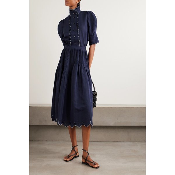 티에리 콜슨 베르데 핀턱 자수 코튼 리넨 블렌드 미디 스커트 46376663162984767