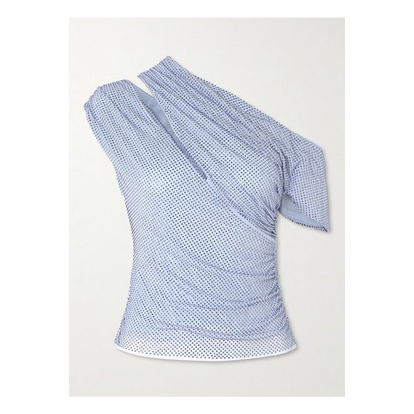 원숄더 비대칭 크리스털 장식 메시 탑 블루 1647597358037030