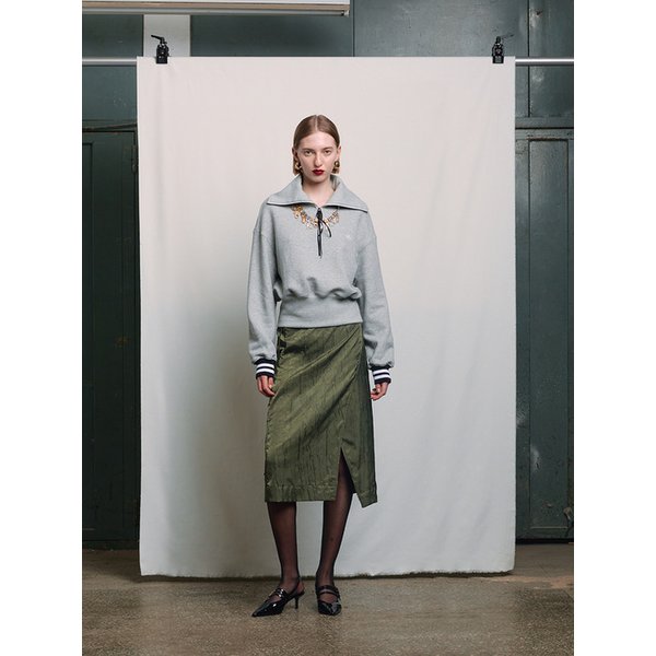 GREY CORD EMBROIDERED HALF ZIP-UP SWEATER