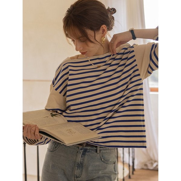 [단독]JOA splicing stripe T-shirt_blue