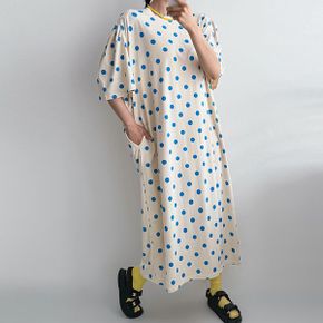 어깨 셔링 도트 롱원피스 라운드넥 반팔 포켓 오버핏 편안한 데일리룩_P428834267