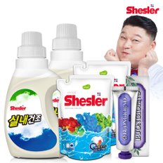 강호동의 쉬슬러 액상 세제 실내건조전용 650ml 2개+세제리필 500ml 2개+잇몸케어 치약 100g 1개.