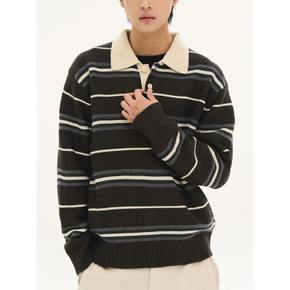 캐주얼 스트라이프 칼라넥 니트  브라운 456951MMCD