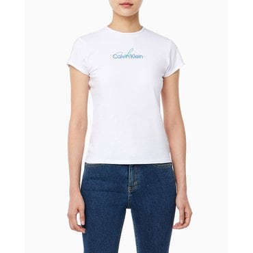 Calvin Klein Jeans 여성 슬림 스크립 CK로고 반팔 티셔츠(47B828G)