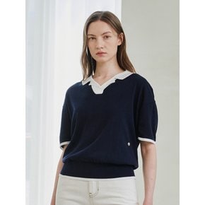 Color Combi Collar Knit - Navy