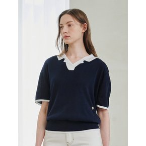 Color Combi Collar Knit - Navy