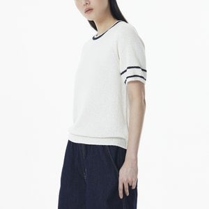 JAJU 여 강연 팁 배색 라운드넥 니트(IVORY / NAVY)