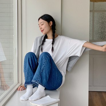 핫핑 [체형커버/활용도200%] 로벨 라운드넥 루즈핏 6부 반팔티셔츠(일반/기모) HTS1920