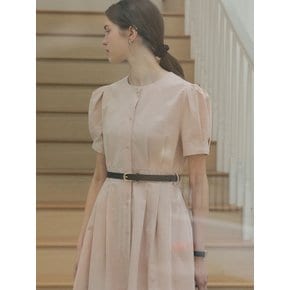 Belt set collarless midi shirt dress_Pink