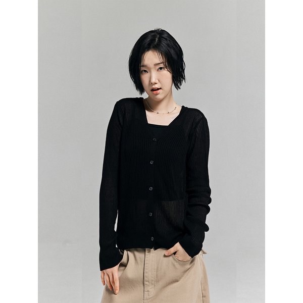 시스루 후드 니트 가디건 블랙