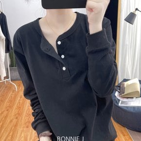 보니제이 / 베이직 심플 반오픈 티셔츠 (M-2XL) 라운드넥 긴팔 빅