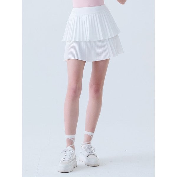 [LESSA15WH] 레이어드 언발 플리츠 스커트 WHITE