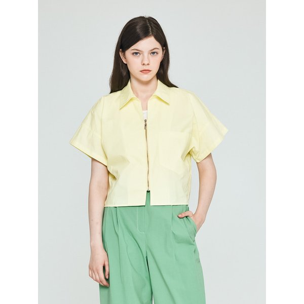 크롭 오버핏 지퍼 카라 반팔 셔츠 자켓 (옐로우)