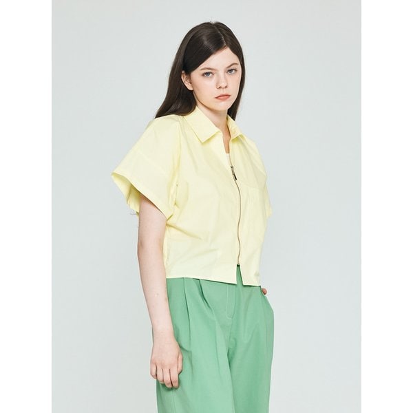 크롭 오버핏 지퍼 카라 반팔 셔츠 자켓 (옐로우)