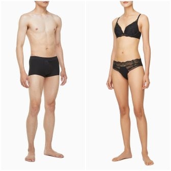 Calvin Klein Underwear (선물포장)CK 블랙 지오레이스 푸쉬업 브래지어+힙스터+남성 CK 블랙  마이크로 드로즈 커플 SET