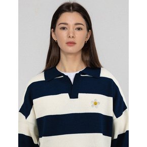 [UNISEX]플라워도트 자수 스트라이프 카라 니트_네이비