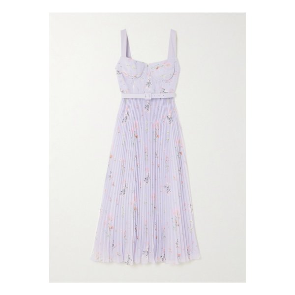 벨트 플리츠 플로럴 프린트 시폰 미디 드레스 라일락 1647597332312935