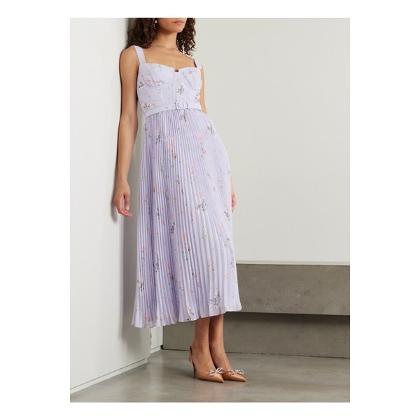 벨트 플리츠 플로럴 프린트 시폰 미디 드레스 라일락 1647597332312935